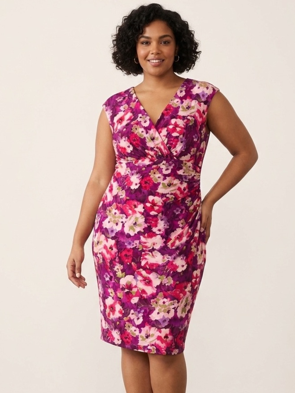 Lauren Ralph Lauren Floral Ruched Sheath Dress Pink Purple Jersey Size 16W